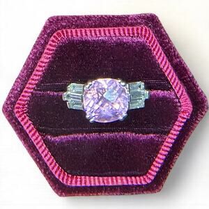 Vintage Avon Faceted Pink Glass Ring Size 7.5 Silver Tone Baguettes Cocktail